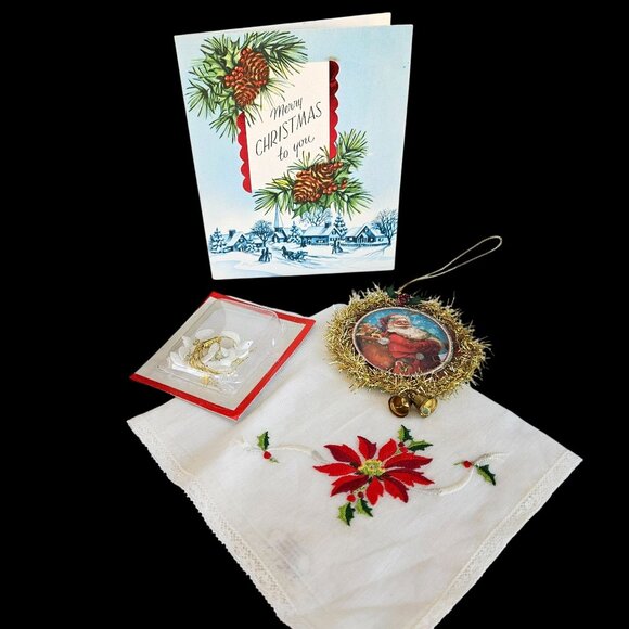 Vintage Christmas Swiss Embroidered Hankie Holiday Instant Collection Decor Pack - Picture 8 of 10